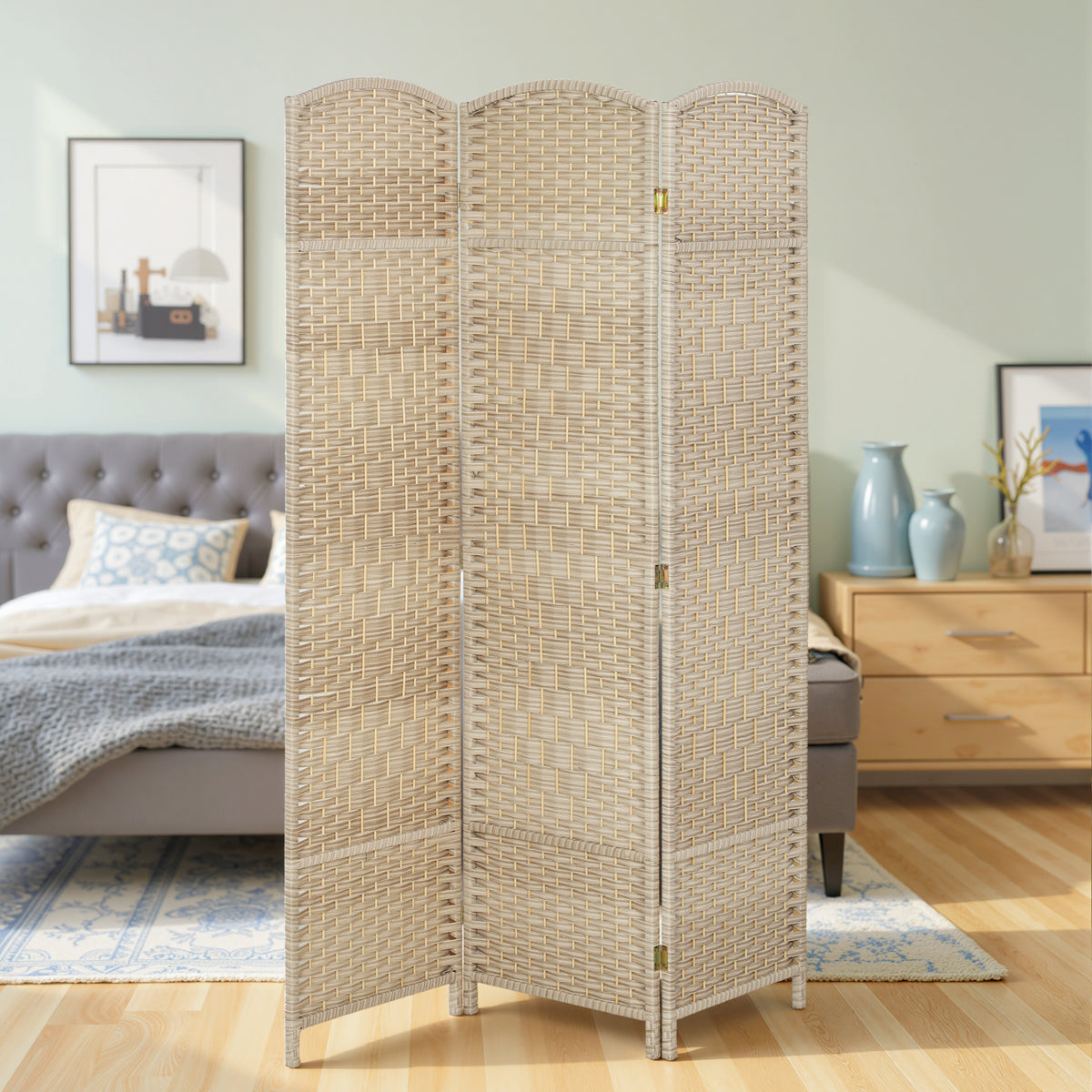 3-Panel Folding Room Divider - 6ft Tall Light Oak-Home Furnishings > Living Room Furniture > Room Dividers-DECOROLALA