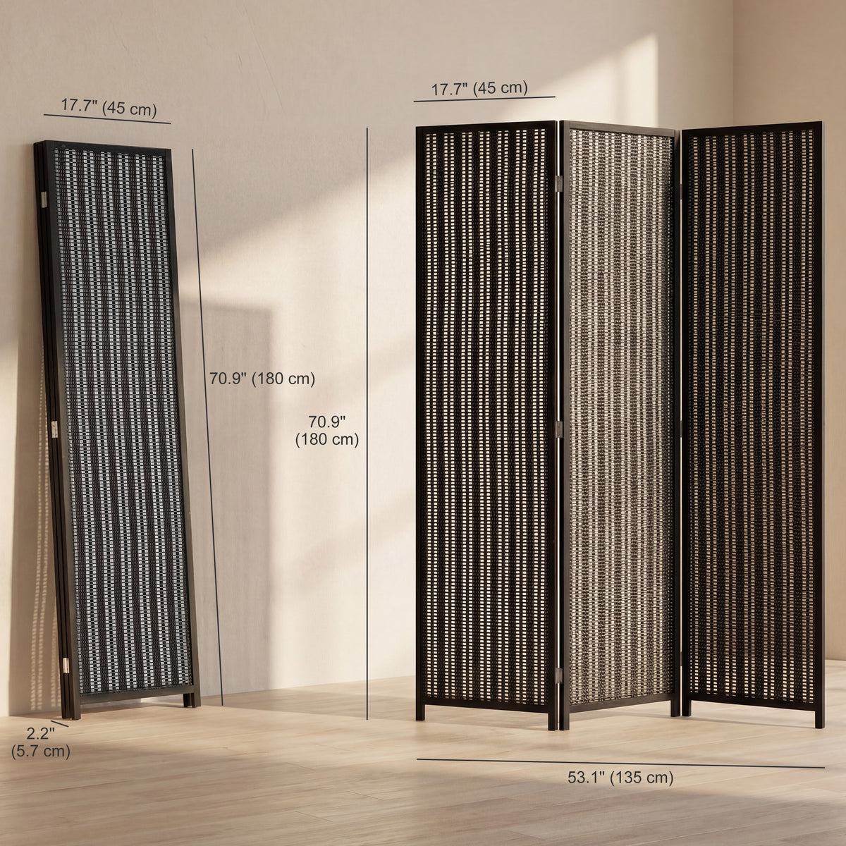 3-Panel Folding Room Divider - Bamboo and Pine Wood Black-Home Furnishings > Living Room Furniture > Room Dividers-DECOROLALA