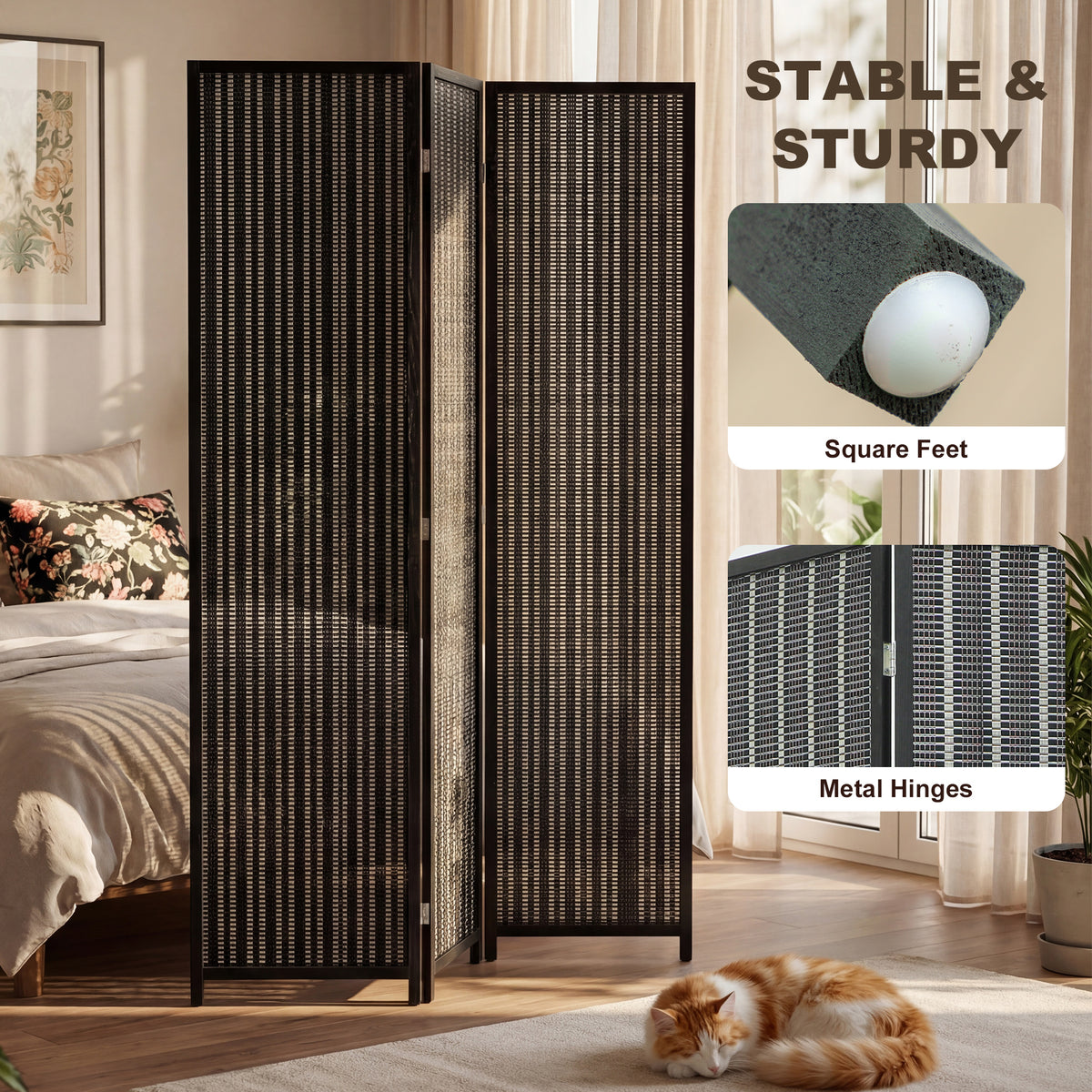 3-Panel Folding Room Divider - Bamboo and Pine Wood Black-Home Furnishings > Living Room Furniture > Room Dividers-DECOROLALA