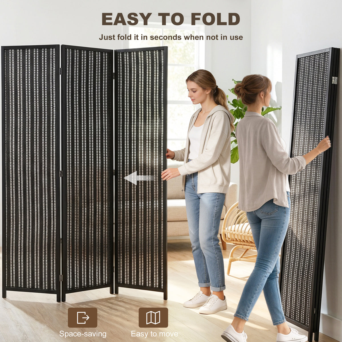 3-Panel Folding Room Divider - Bamboo and Pine Wood Black-Home Furnishings > Living Room Furniture > Room Dividers-DECOROLALA