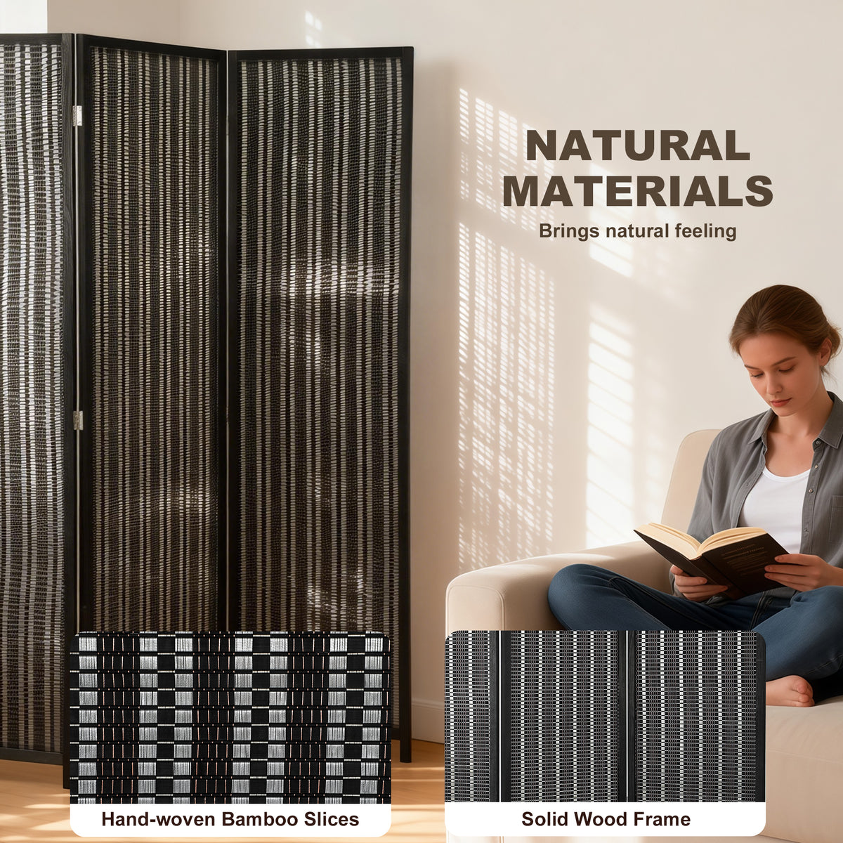 3-Panel Folding Room Divider - Bamboo and Pine Wood Black-Home Furnishings > Living Room Furniture > Room Dividers-DECOROLALA