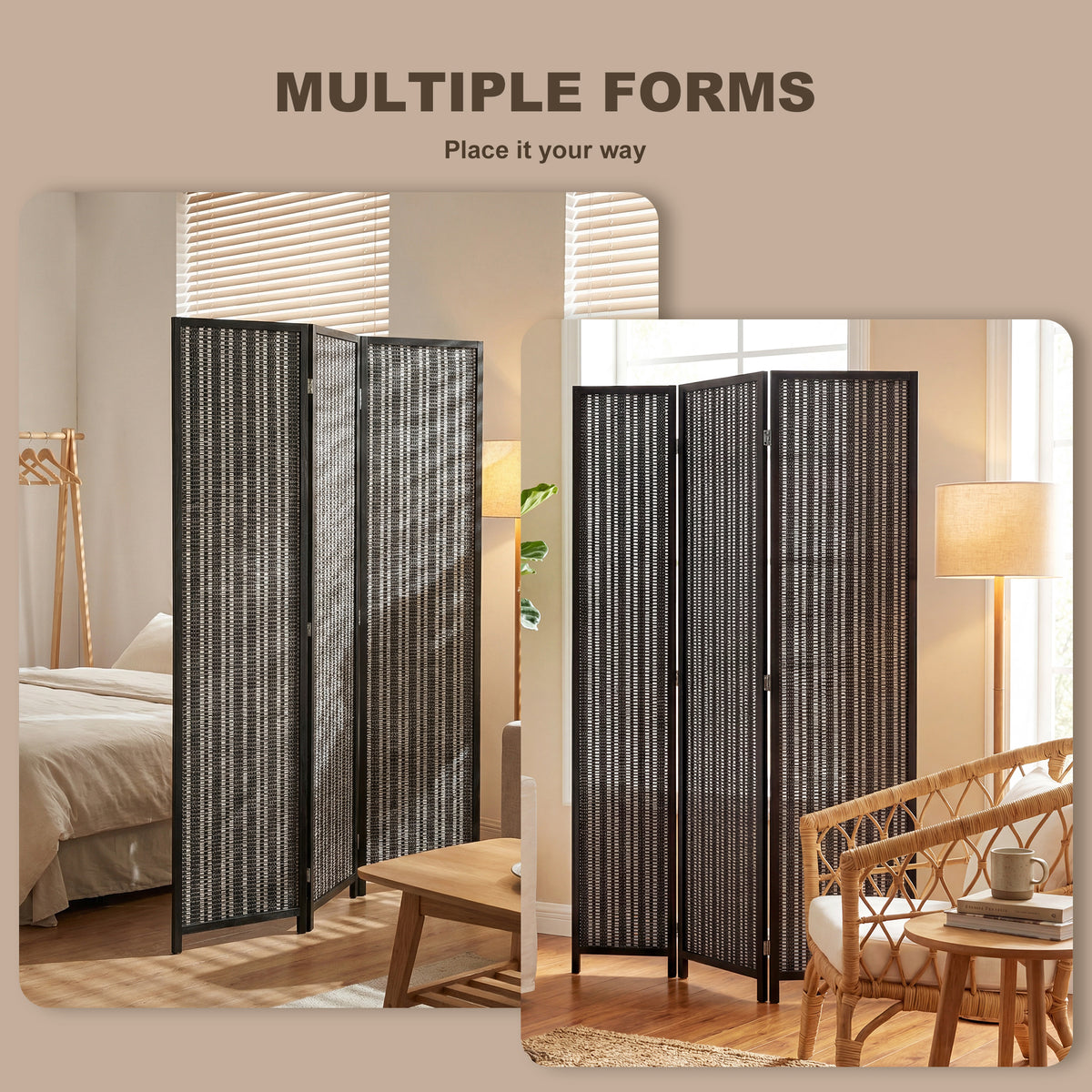 3-Panel Folding Room Divider - Bamboo and Pine Wood Black-Home Furnishings > Living Room Furniture > Room Dividers-DECOROLALA