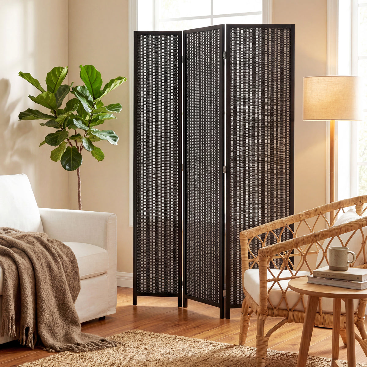 3-Panel Folding Room Divider - Bamboo and Pine Wood Black-Home Furnishings > Living Room Furniture > Room Dividers-DECOROLALA