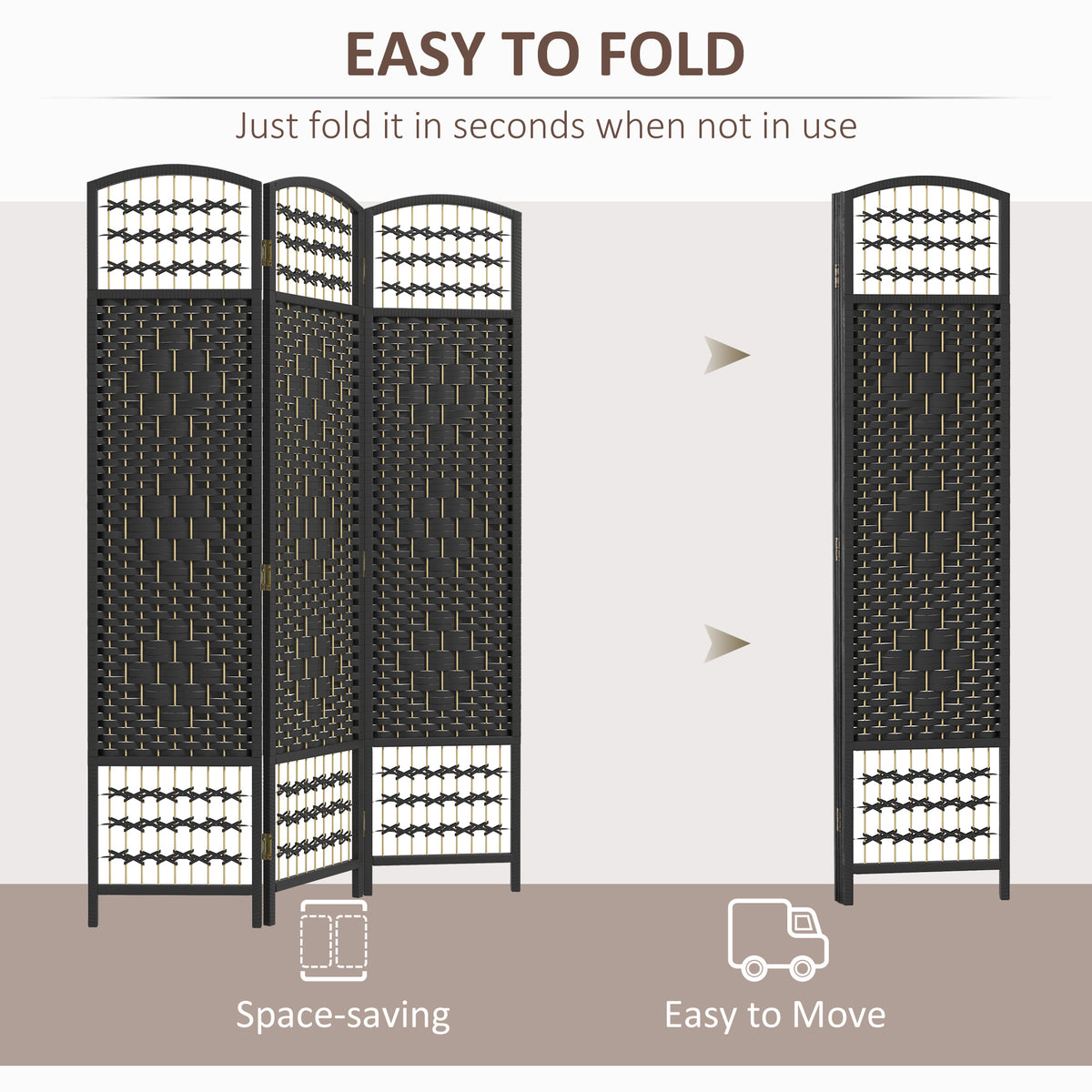 3-Panel Folding Room Divider - Black Wave Fiber Screen-Home Furnishings > Living Room Furniture > Room Dividers-DECOROLALA