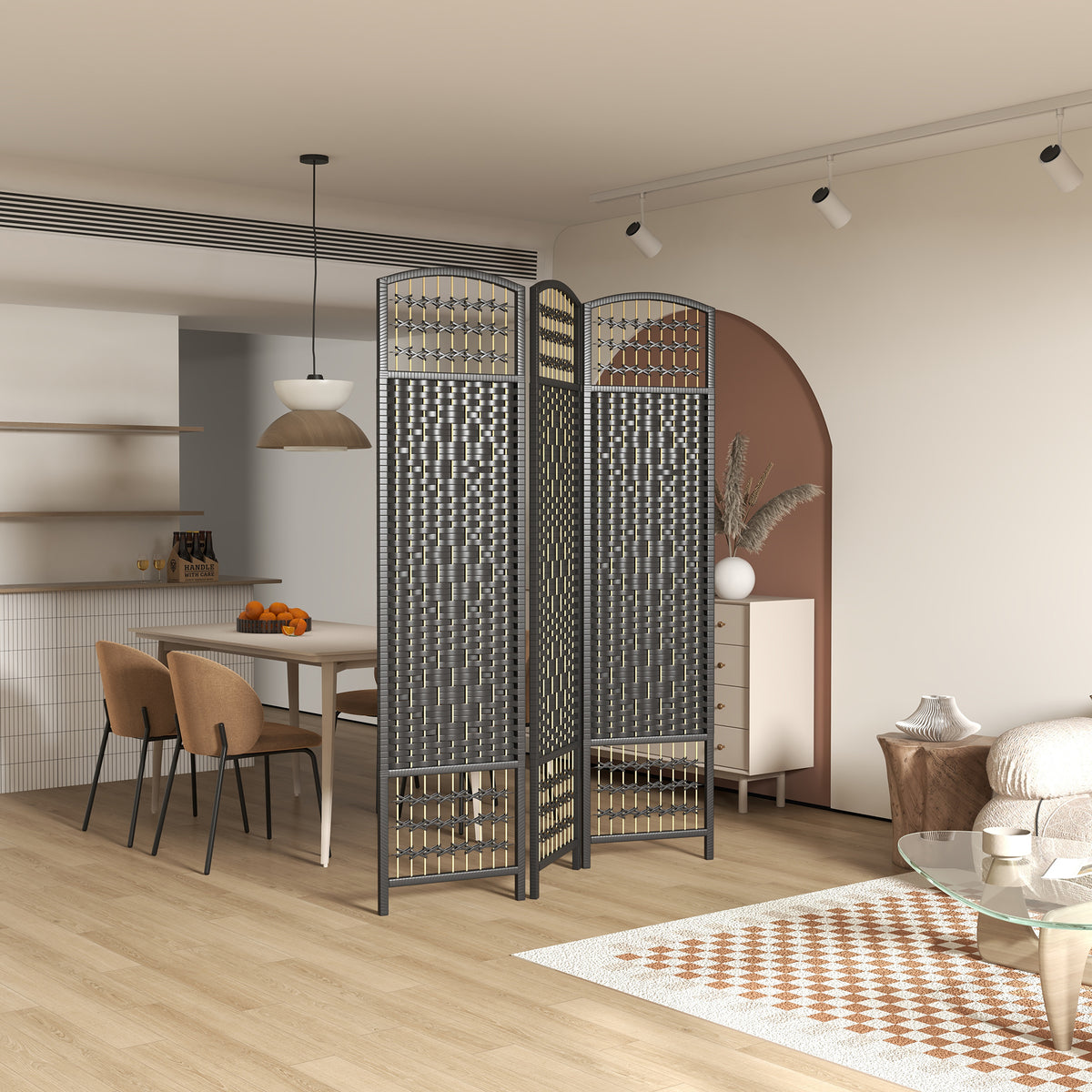 3-Panel Folding Room Divider - Black Wave Fiber Screen-Home Furnishings > Living Room Furniture > Room Dividers-DECOROLALA