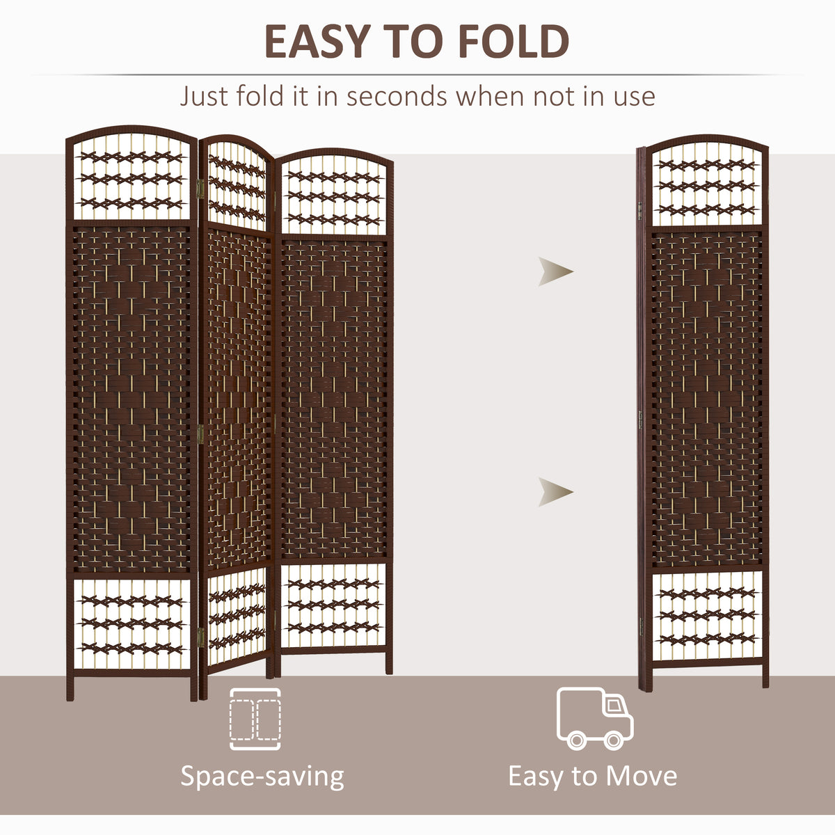 3-Panel Folding Room Divider - Brown Wave Fiber Screen-Home Furnishings > Living Room Furniture > Room Dividers-DECOROLALA