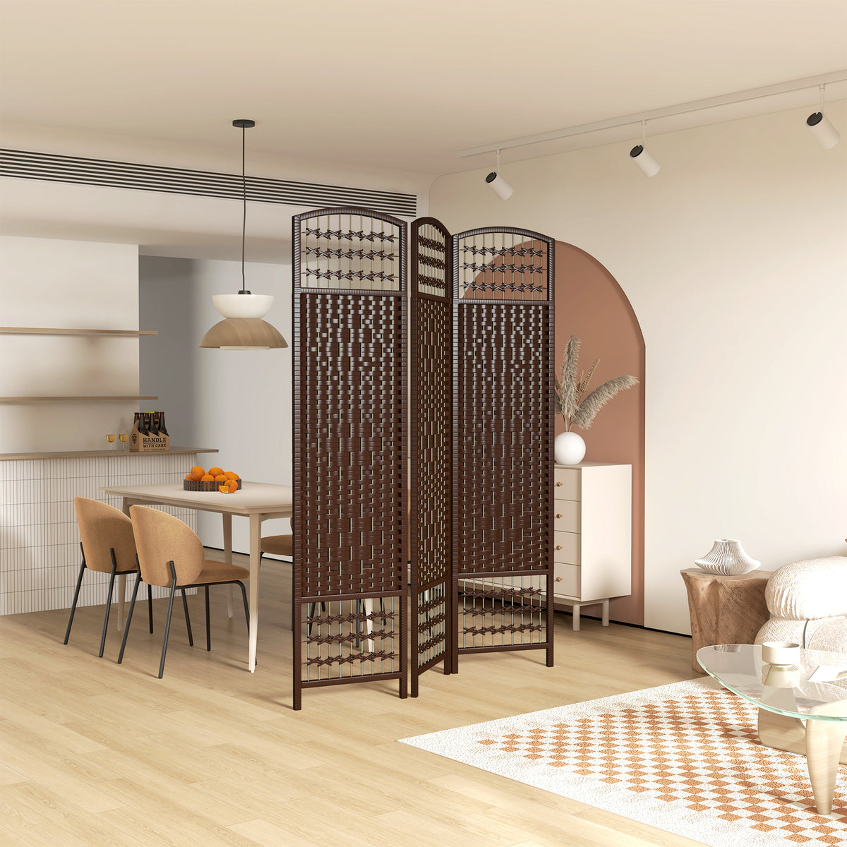 3-Panel Folding Room Divider - Brown Wave Fiber Screen-Home Furnishings > Living Room Furniture > Room Dividers-DECOROLALA