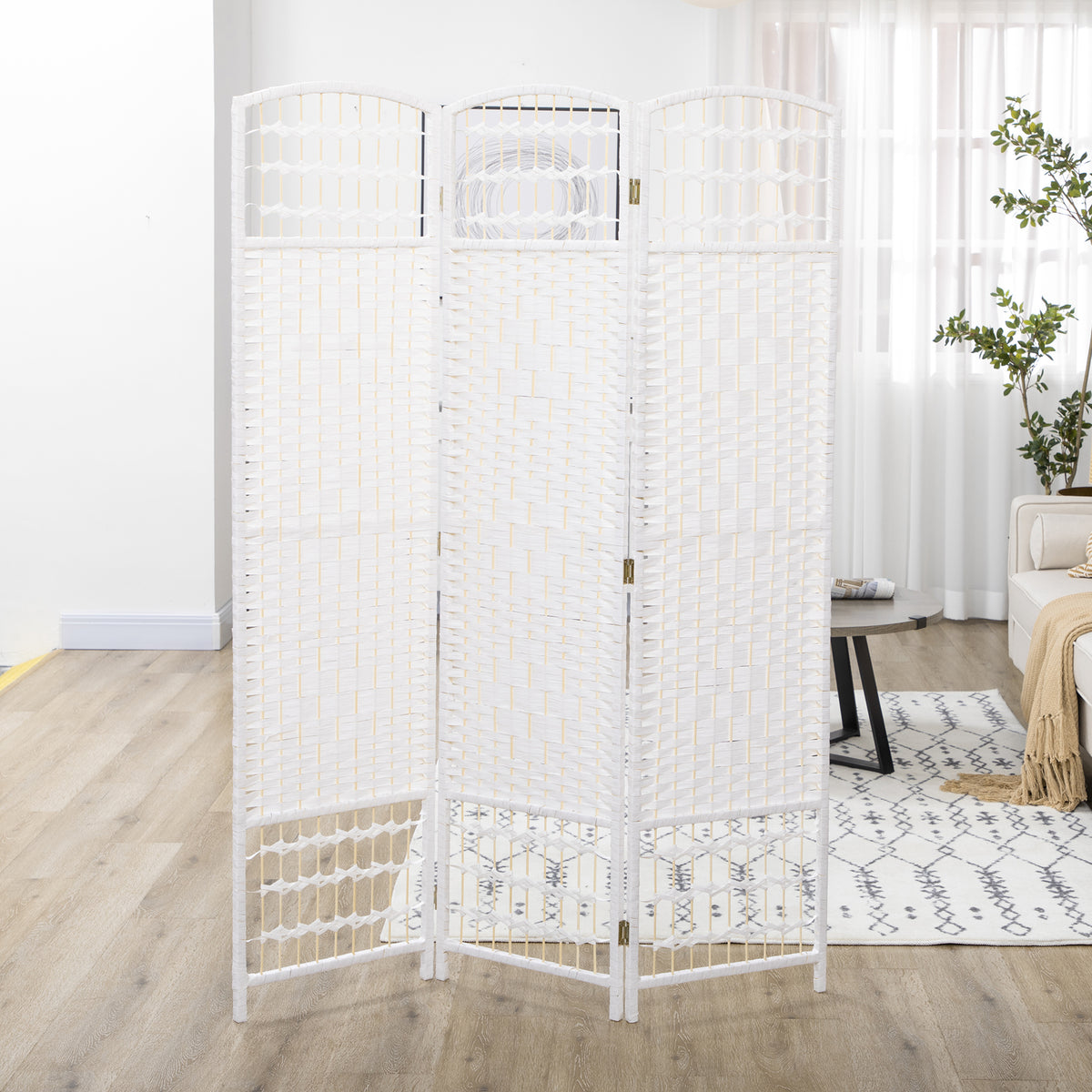 3 Panel Folding Room Divider - White Wave Fiber Privacy Screen-Home Furnishings > Living Room Furniture > Room Dividers-DECOROLALA