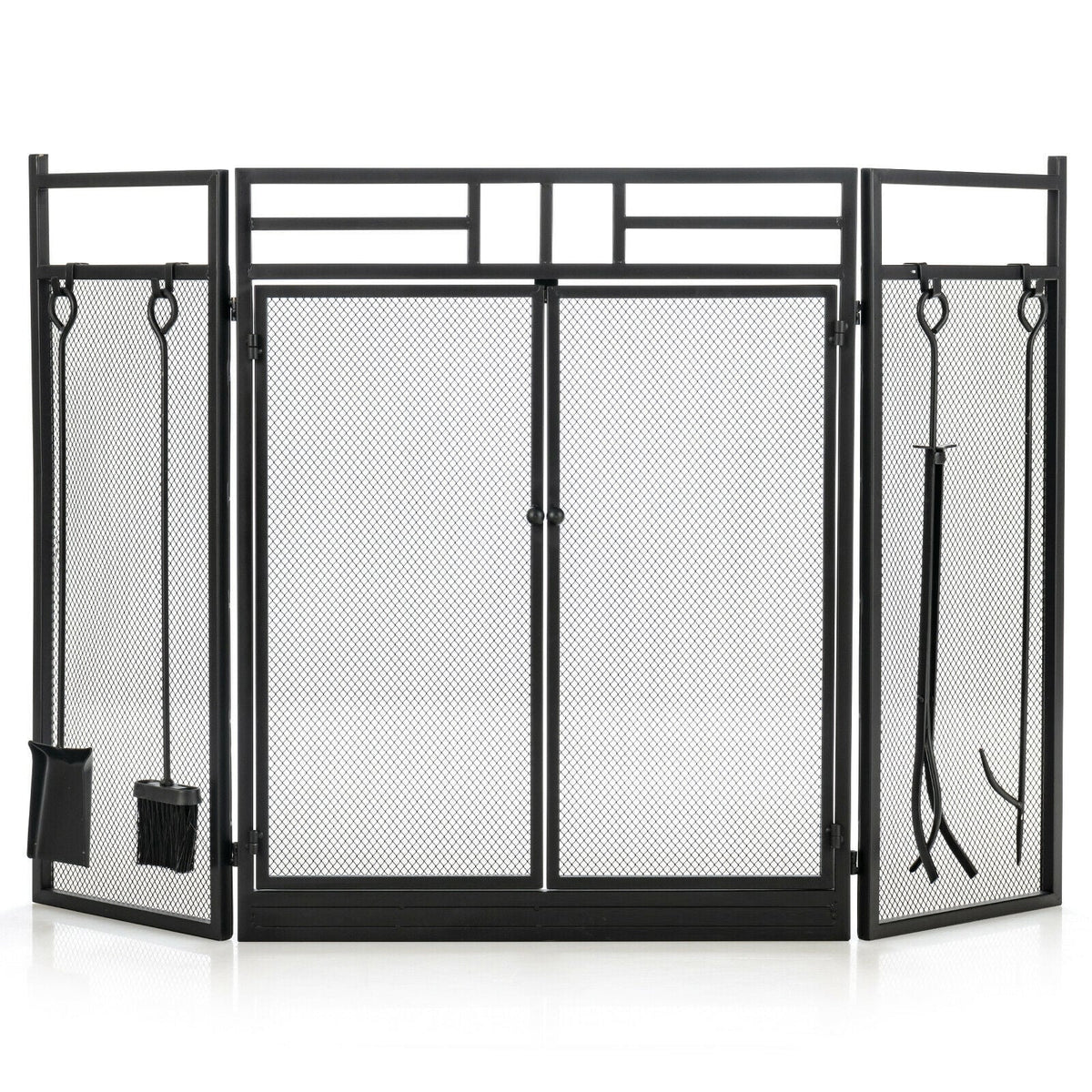 3-Panel Folding Wrought Iron Fireplace Screen with 4 Pieces Tools Set-Black-Fireplace Tools-DECOROLALA