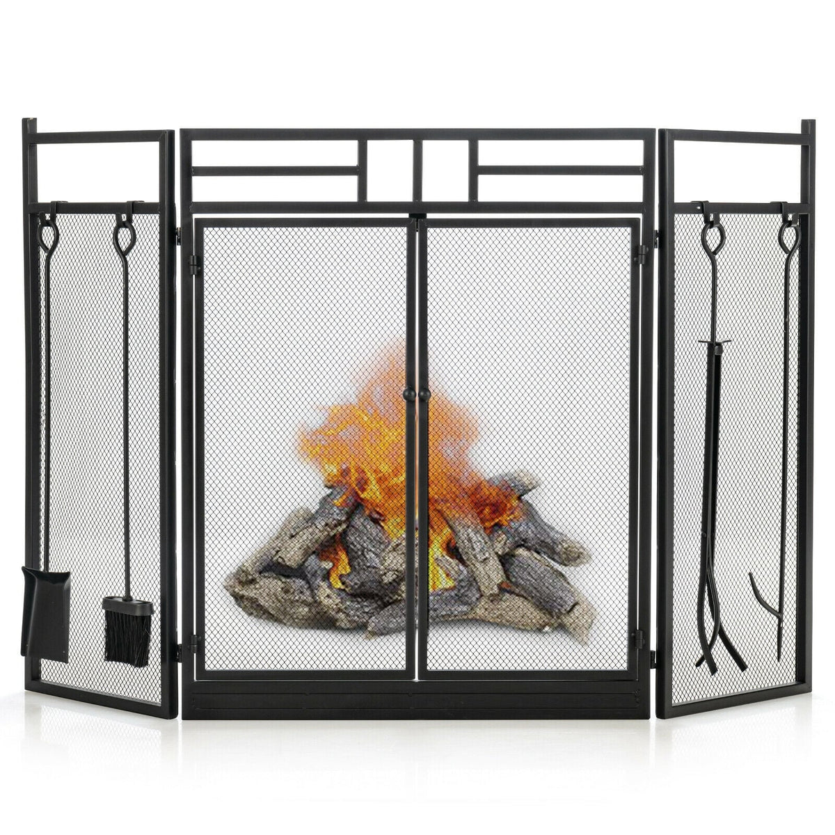 3-Panel Folding Wrought Iron Fireplace Screen with 4 Pieces Tools Set-Black-Fireplace Tools-DECOROLALA