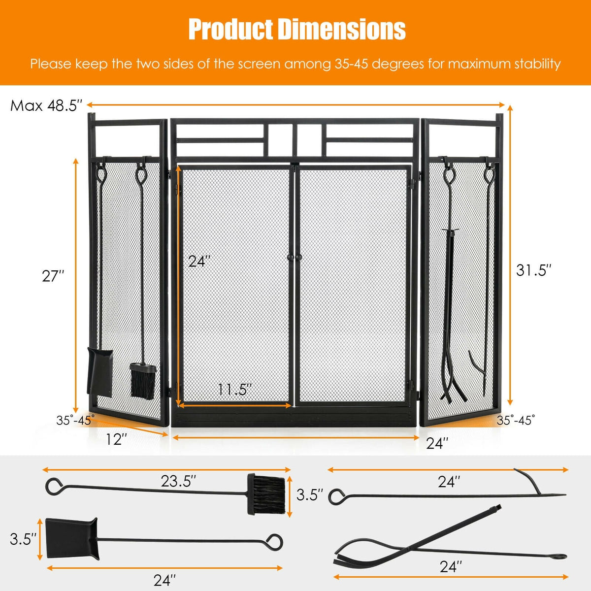 3-Panel Folding Wrought Iron Fireplace Screen with 4 Pieces Tools Set ...