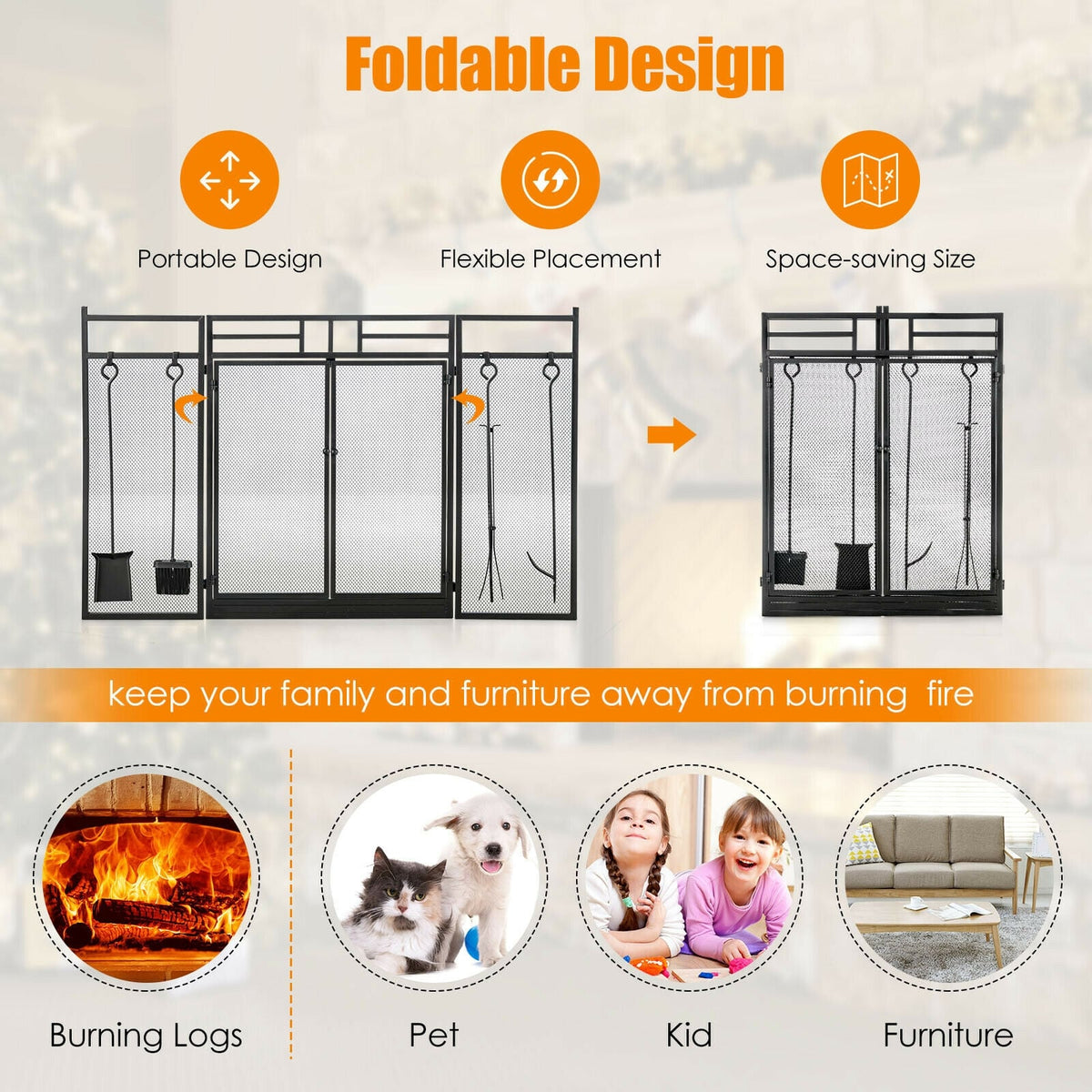 3-Panel Folding Wrought Iron Fireplace Screen with 4 Pieces Tools Set-Black-Fireplace Tools-DECOROLALA