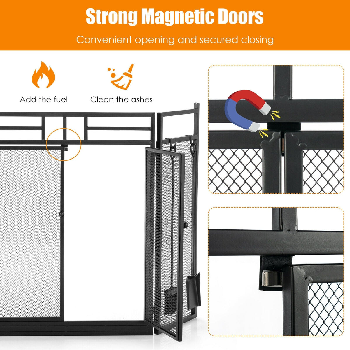 3-Panel Folding Wrought Iron Fireplace Screen with 4 Pieces Tools Set-Black-Fireplace Tools-DECOROLALA