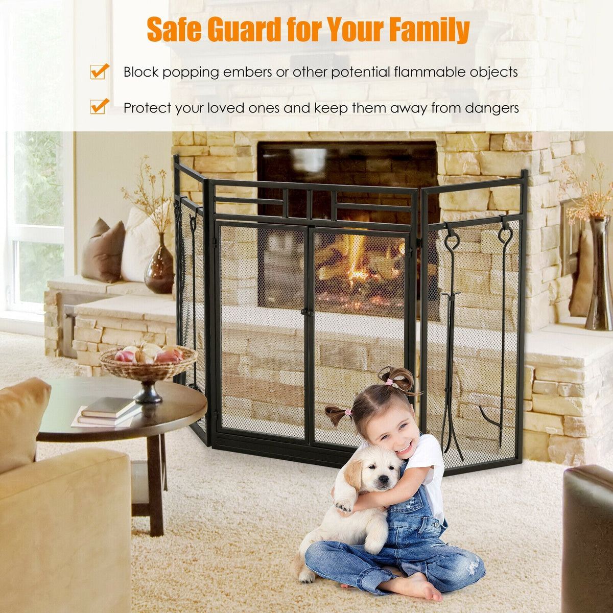 3-Panel Folding Wrought Iron Fireplace Screen with 4 Pieces Tools Set ...