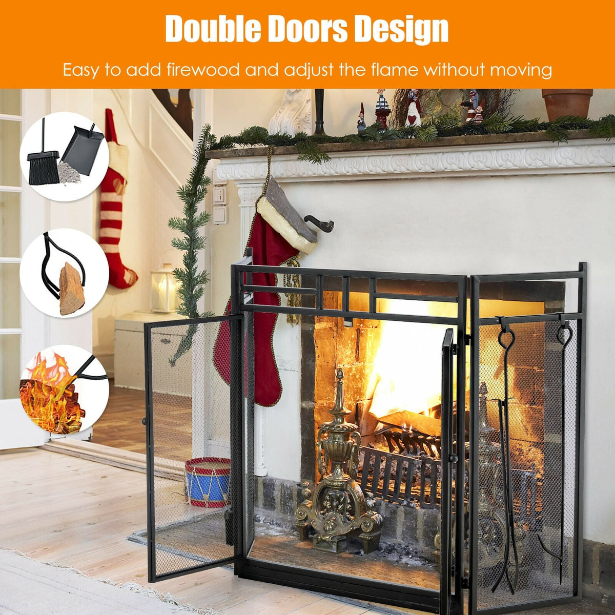 3-Panel Folding Wrought Iron Fireplace Screen with 4 Pieces Tools Set-Black-Fireplace Tools-DECOROLALA