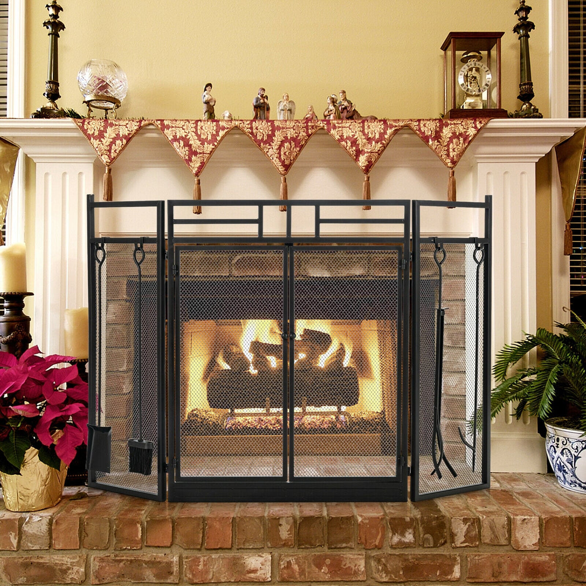 3-Panel Folding Wrought Iron Fireplace Screen with 4 Pieces Tools Set-Black-Fireplace Tools-DECOROLALA