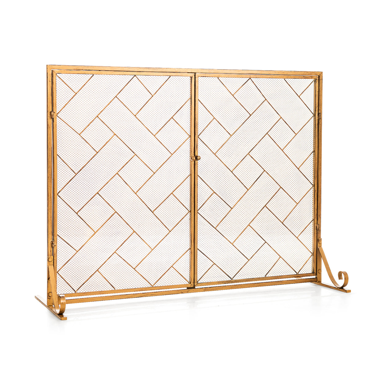 3-Panel Folding Wrought Iron Fireplace Screen with Doors and 4 Pieces Tools Set-Golden-Fireplace Tools-DECOROLALA