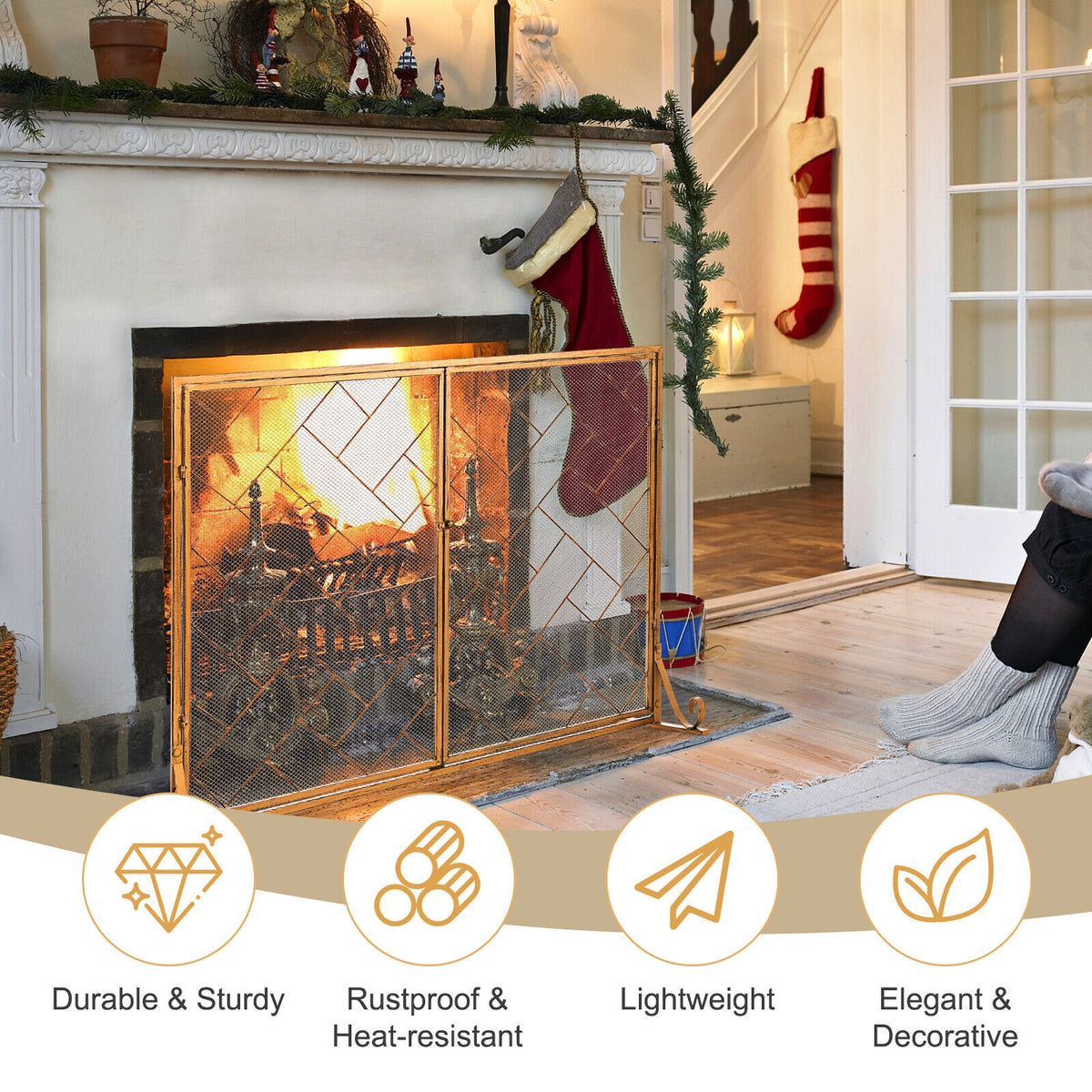 3-Panel Folding Wrought Iron Fireplace Screen with Doors and 4 Pieces Tools Set-Golden-Fireplace Tools-DECOROLALA