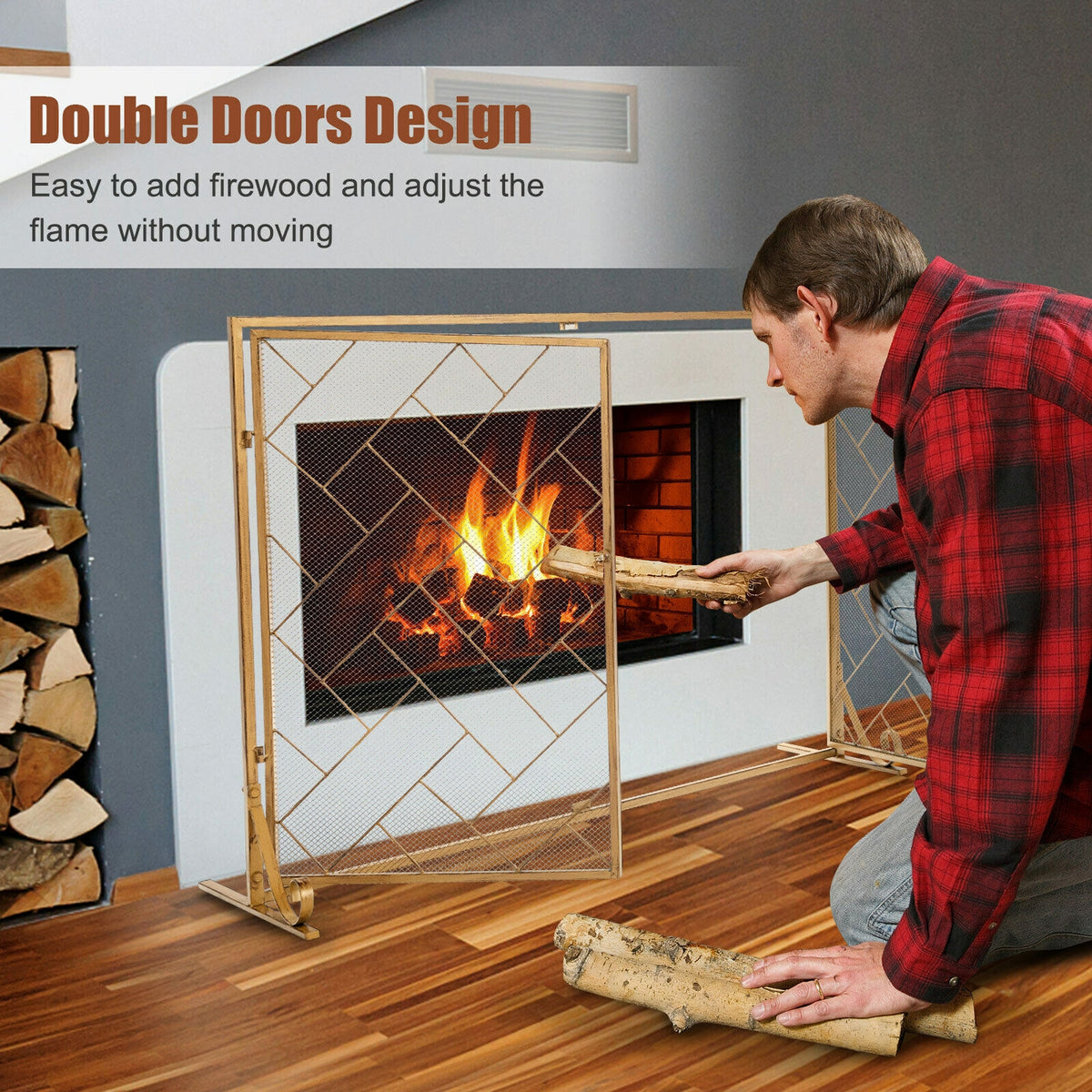 3-Panel Folding Wrought Iron Fireplace Screen with Doors and 4 Pieces Tools Set-Golden-Fireplace Tools-DECOROLALA