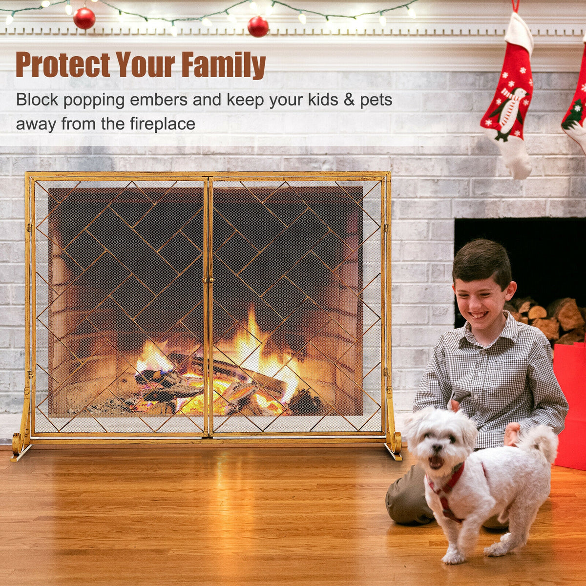 3-Panel Folding Wrought Iron Fireplace Screen with Doors and 4 Pieces Tools Set-Golden-Fireplace Tools-DECOROLALA