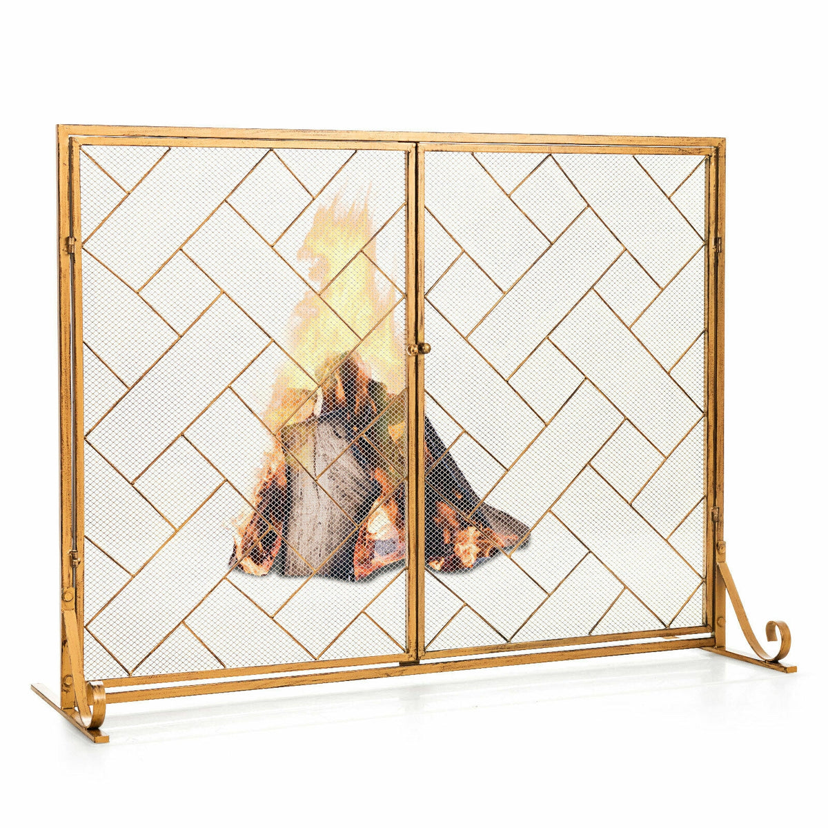 3-Panel Folding Wrought Iron Fireplace Screen with Doors and 4 Pieces Tools Set-Golden-Fireplace Tools-DECOROLALA