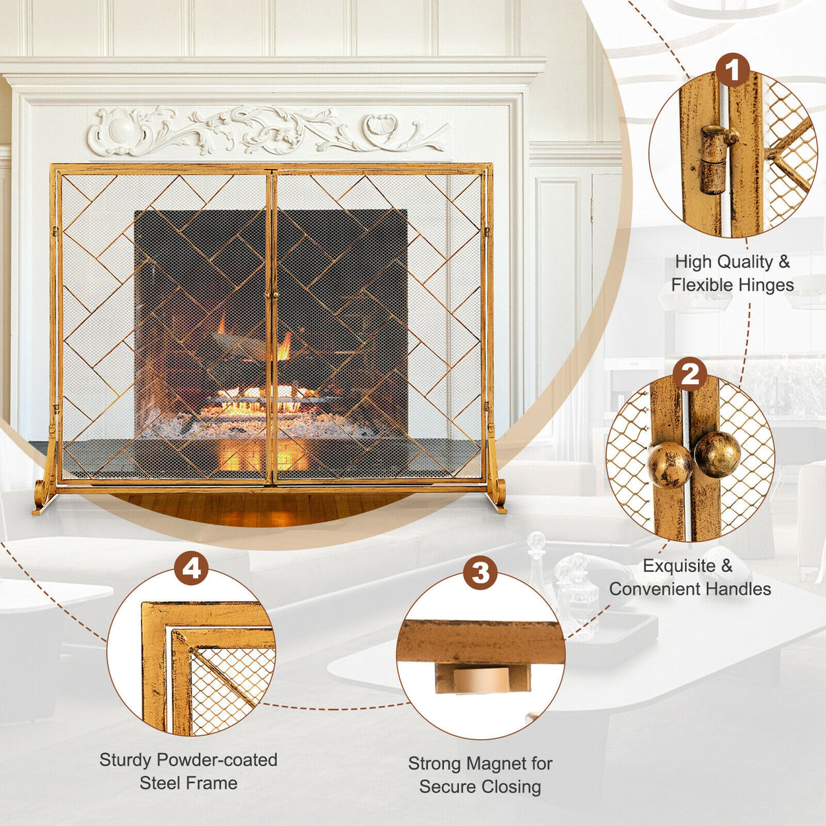 3-Panel Folding Wrought Iron Fireplace Screen with Doors and 4 Pieces Tools Set-Golden-Fireplace Tools-DECOROLALA