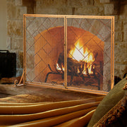 3-Panel Folding Wrought Iron Fireplace Screen with Doors and 4 Pieces Tools Set-Golden-Fireplace Tools-DECOROLALA
