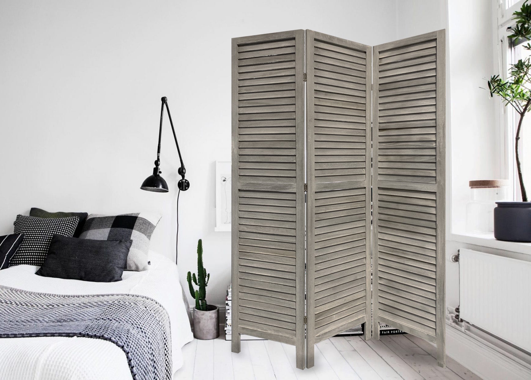 3 Panel Grey Shutter Screen Room Divider-Room Dividers-DECOROLALA