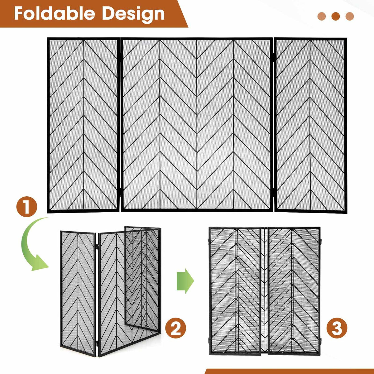 3-Panel Metal Foldable Fireplace Screen with Metal Mesh-Black-Fireplace Tools-DECOROLALA