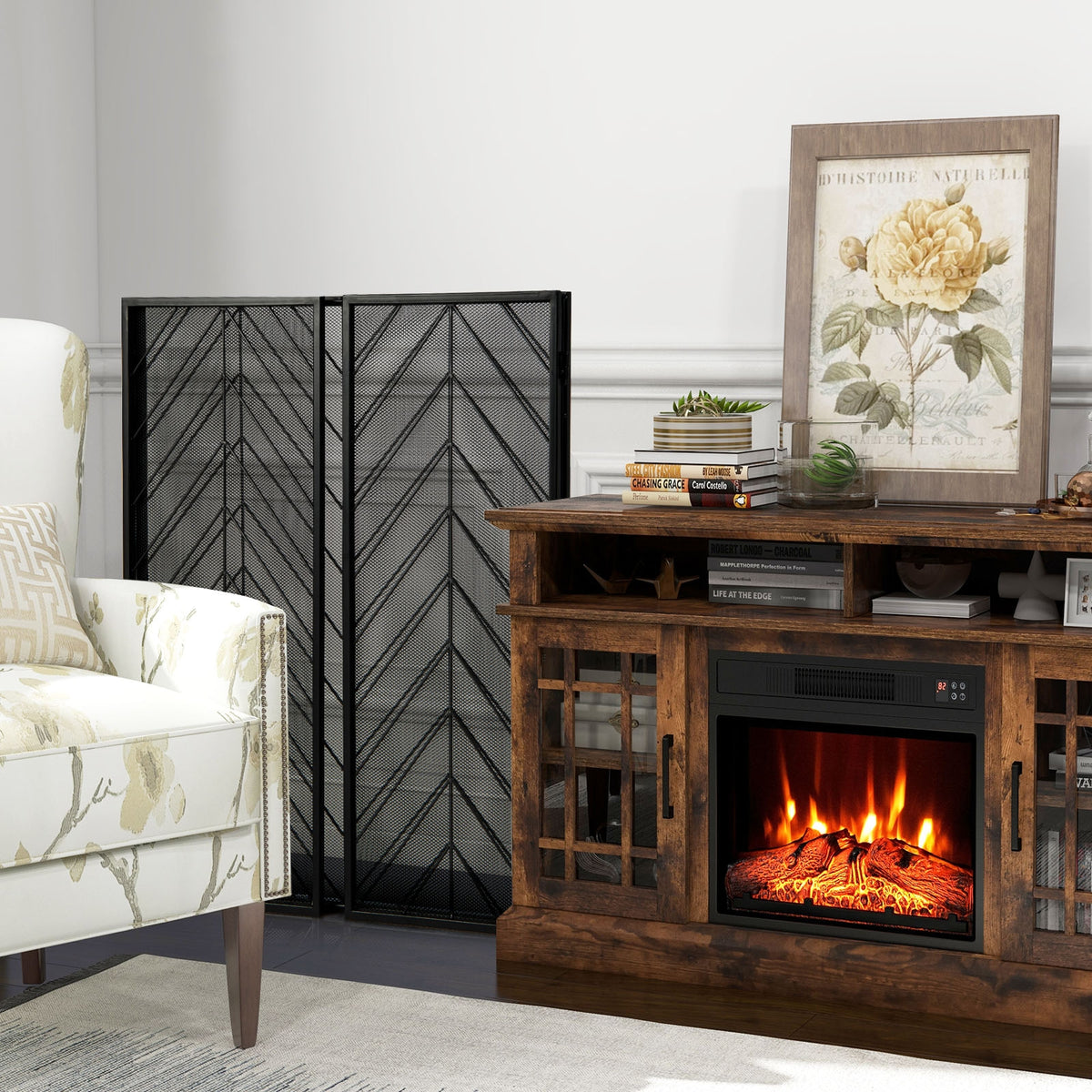 3-Panel Metal Foldable Fireplace Screen with Metal Mesh-Black-Fireplace Tools-DECOROLALA