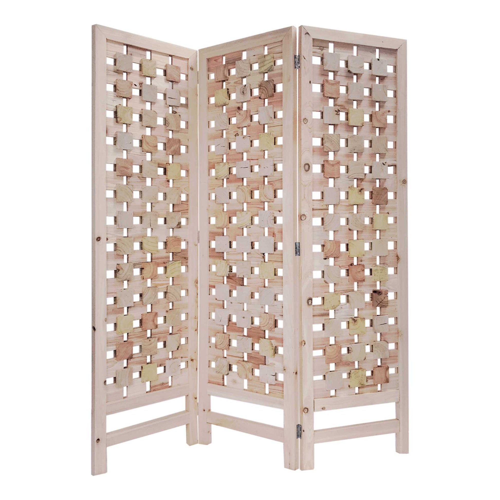 3 Panel Pink Room Divider With Cut Square Wood Design-Room Dividers-DECOROLALA