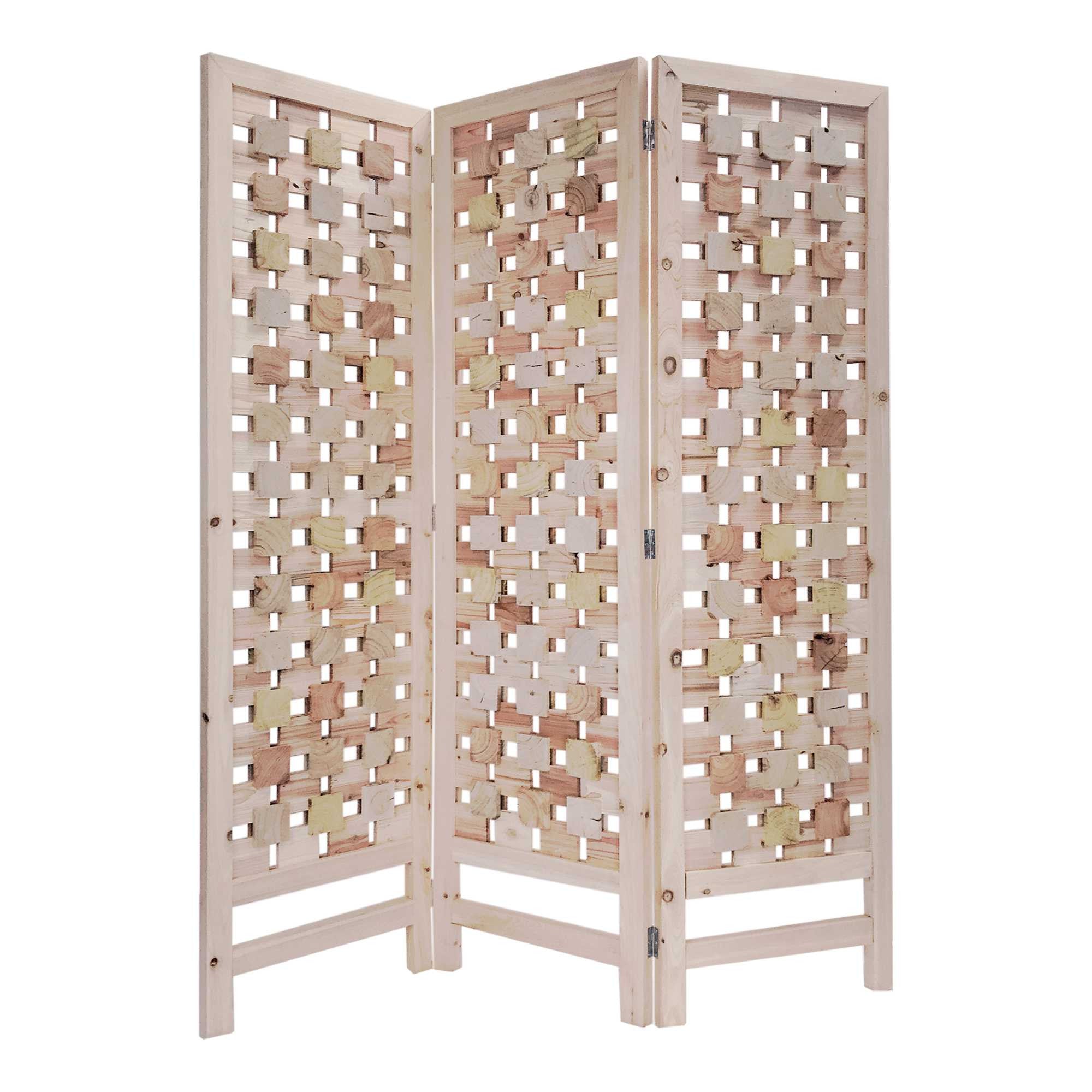 3 Panel Pink Room Divider With Cut Square Wood Design-Room Dividers-DECOROLALA