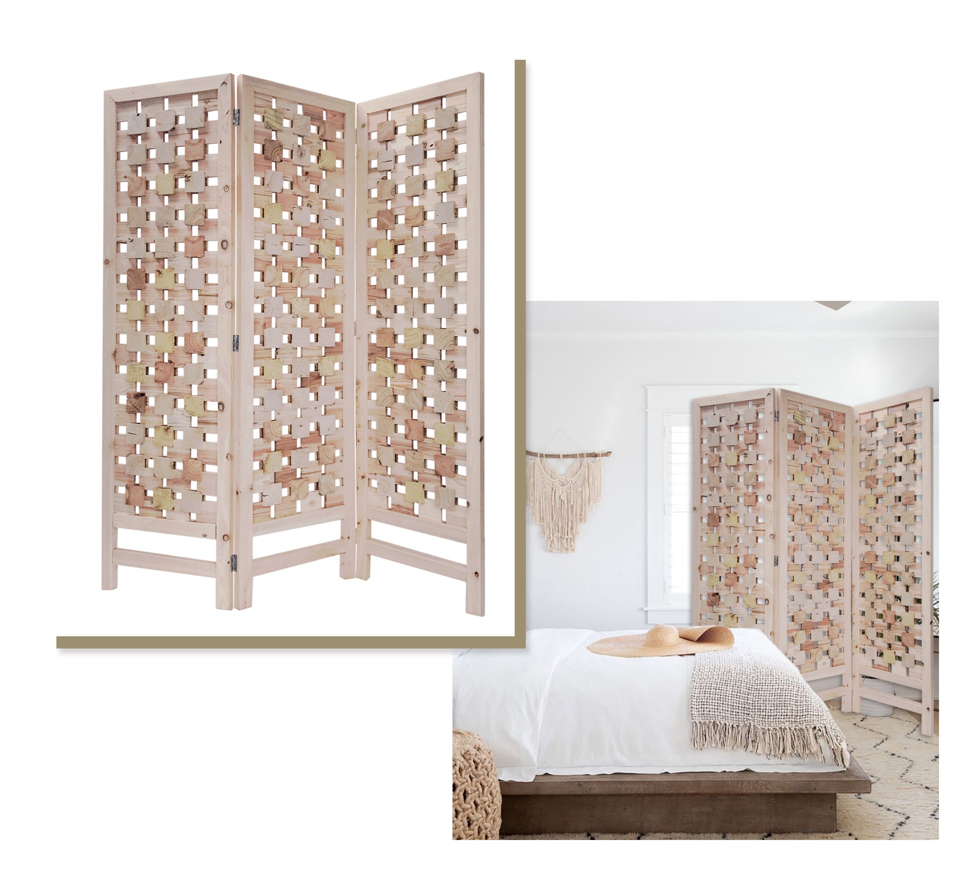 3 Panel Pink Room Divider With Cut Square Wood Design-Room Dividers-DECOROLALA