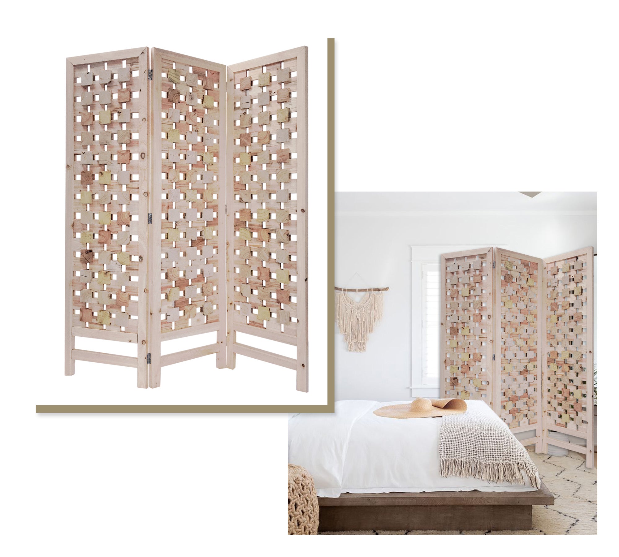 3 Panel Pink Room Divider With Cut Square Wood Design-Room Dividers-DECOROLALA