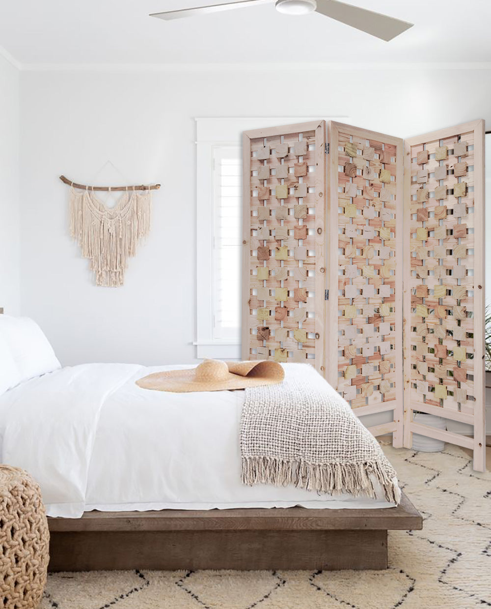 3 Panel Pink Room Divider With Cut Square Wood Design-Room Dividers-DECOROLALA