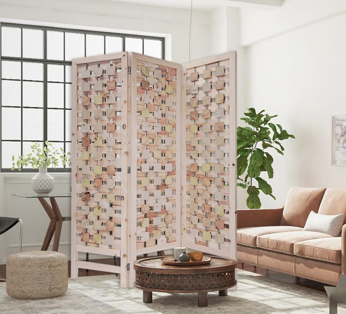 3 Panel Pink Room Divider With Cut Square Wood Design-Room Dividers-DECOROLALA