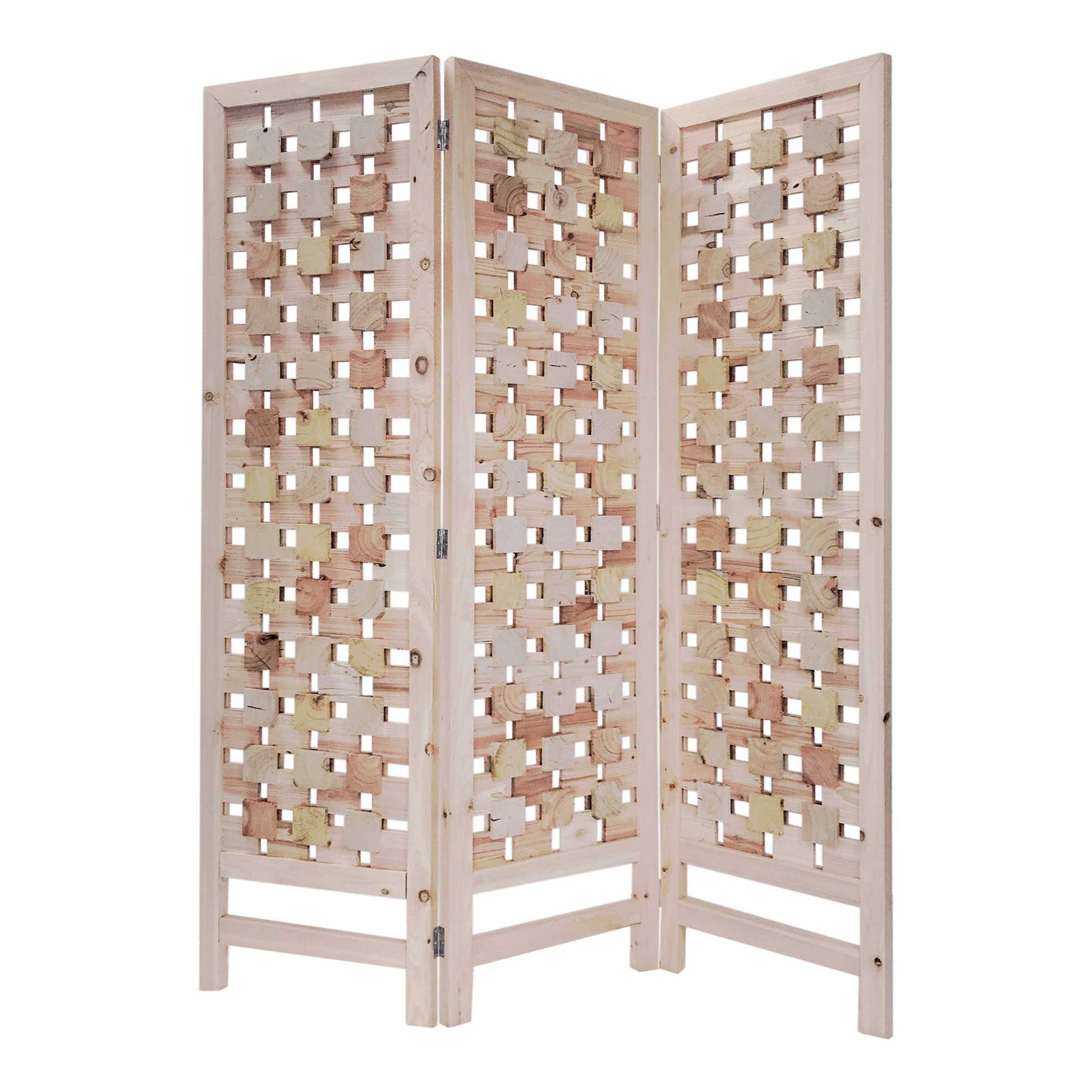 3 Panel Pink Room Divider With Cut Square Wood Design-Room Dividers-DECOROLALA