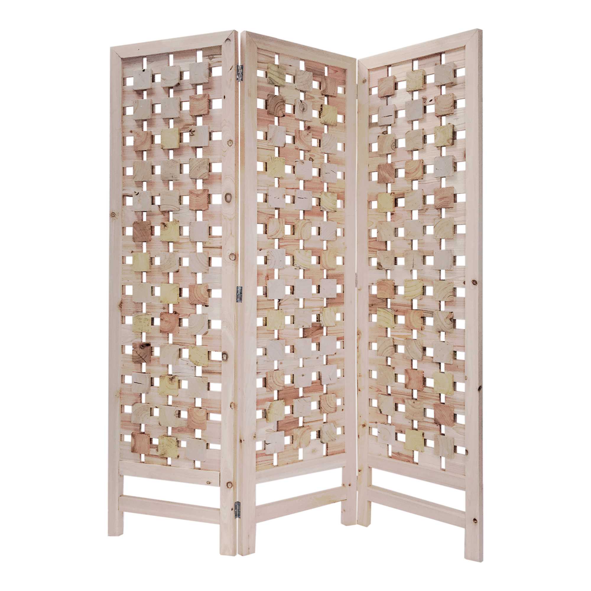3 Panel Pink Room Divider With Cut Square Wood Design-Room Dividers-DECOROLALA