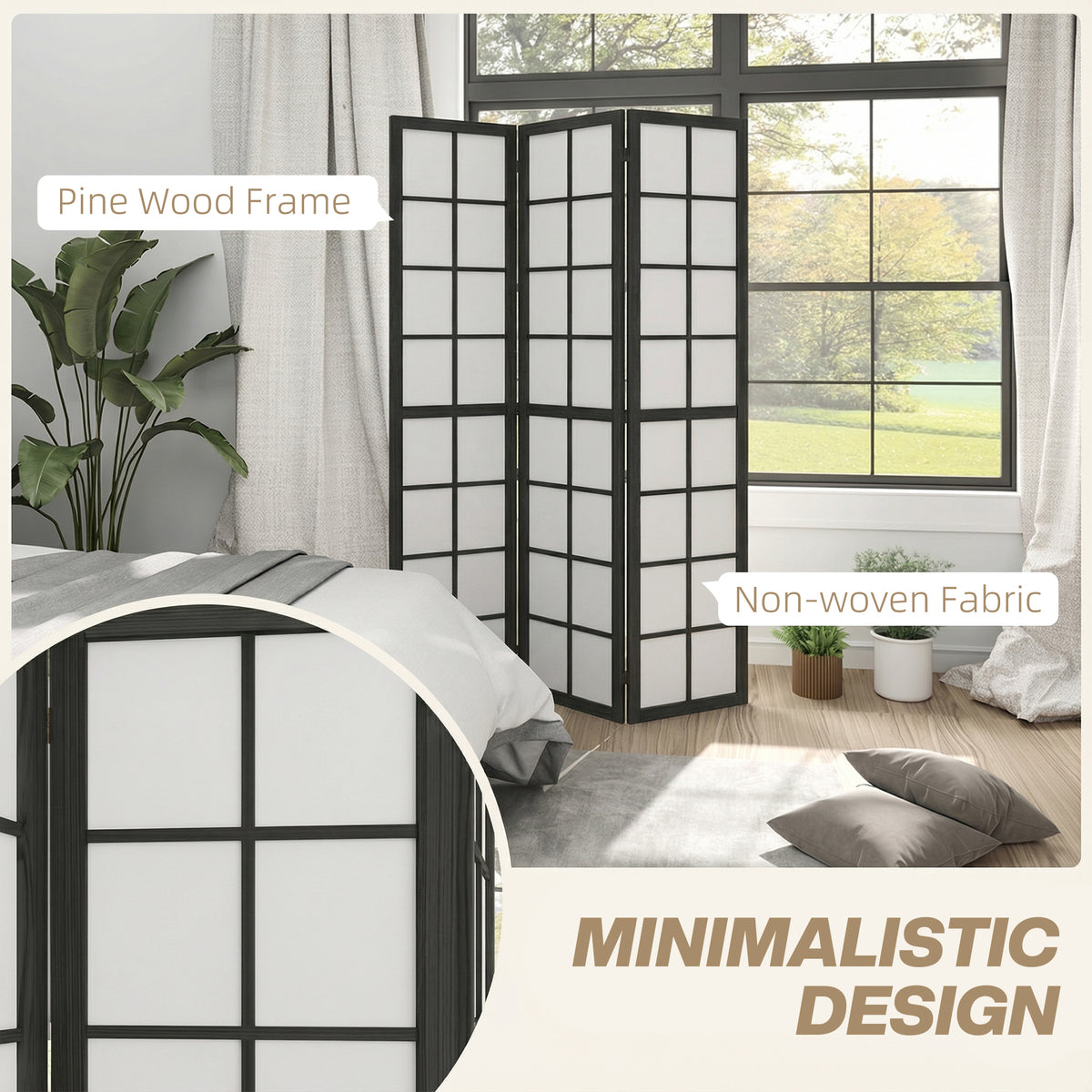 3 Panel Room Divider - 5.6 ft Folding Wood Privacy Screen-Home Furnishings > Living Room Furniture > Room Dividers-DECOROLALA