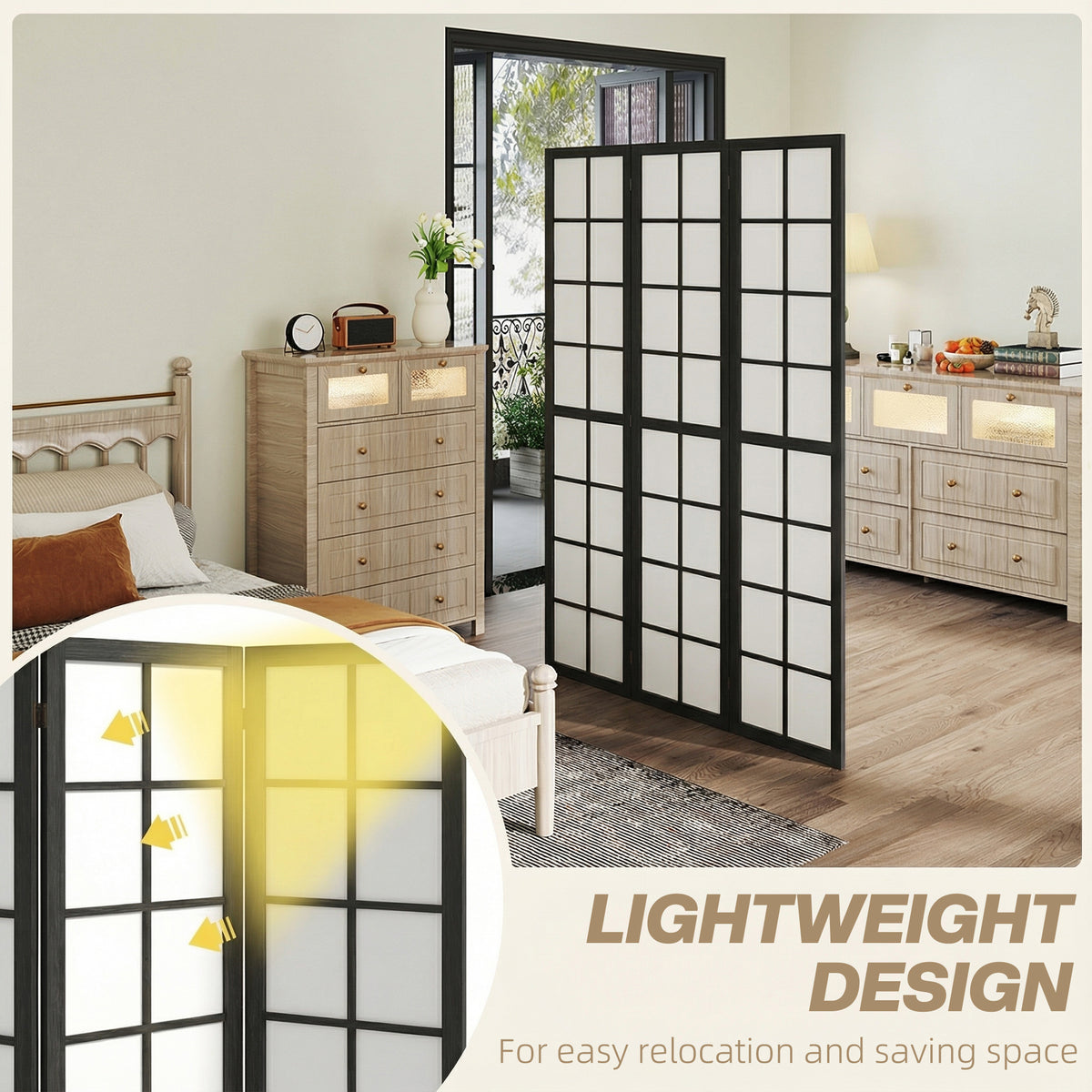 3 Panel Room Divider - 5.6 ft Folding Wood Privacy Screen-Home Furnishings > Living Room Furniture > Room Dividers-DECOROLALA