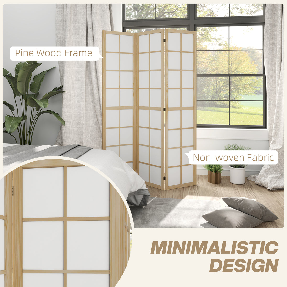 3-Panel Room Divider - 5.6 ft Pine Wood Folding Screen-Home Furnishings > Living Room Furniture > Room Dividers-DECOROLALA