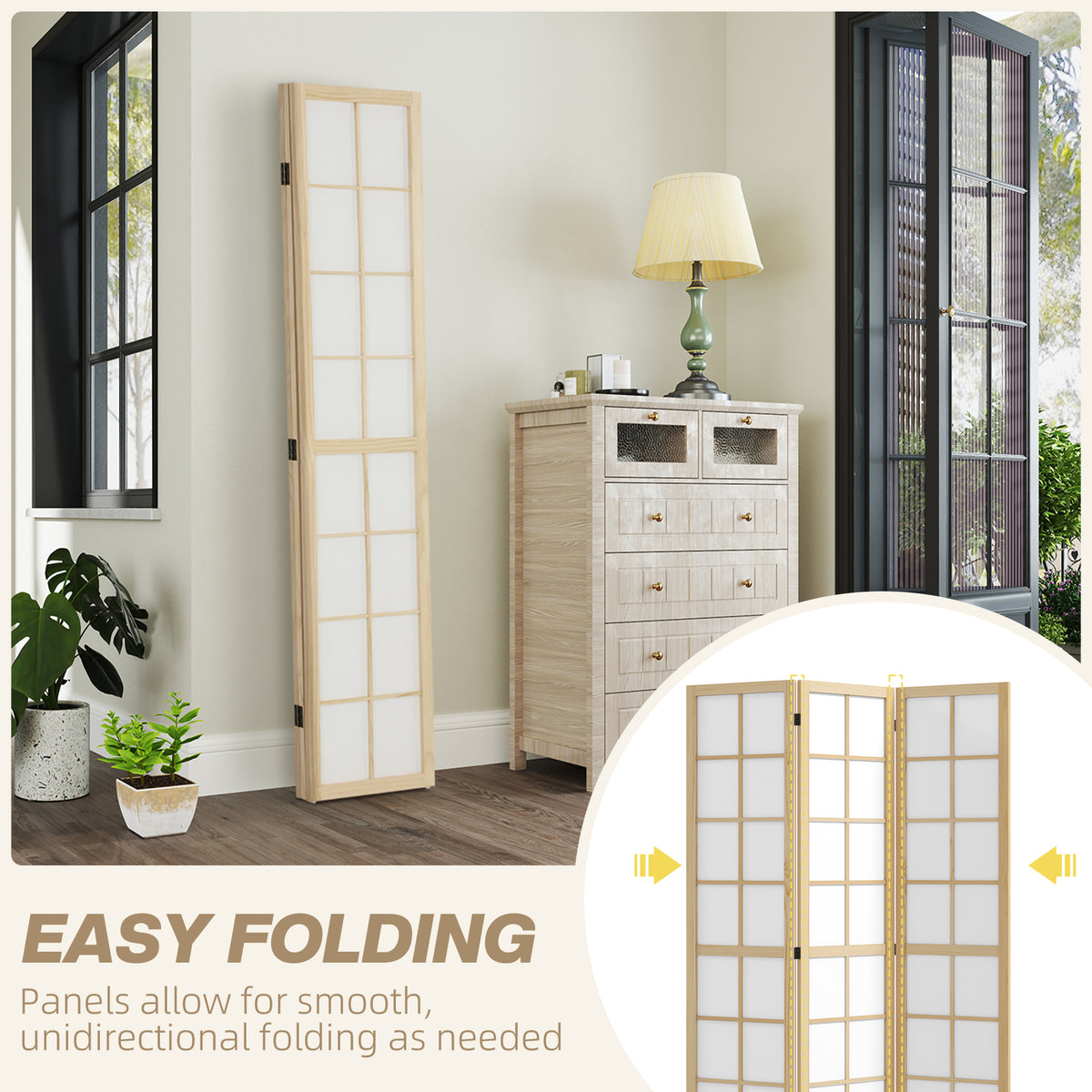 3-Panel Room Divider - 5.6 ft Pine Wood Folding Screen-Home Furnishings > Living Room Furniture > Room Dividers-DECOROLALA