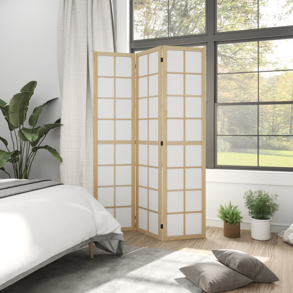3-Panel Room Divider - 5.6 ft Pine Wood Folding Screen-Home Furnishings > Living Room Furniture > Room Dividers-DECOROLALA