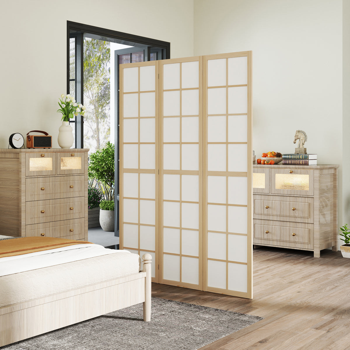 3-Panel Room Divider - 5.6 ft Pine Wood Folding Screen-Home Furnishings > Living Room Furniture > Room Dividers-DECOROLALA
