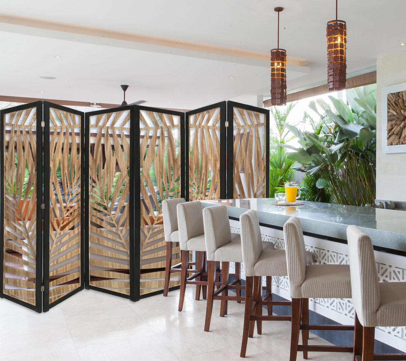 3 Panel Room Divider With Tropical Leaf Design-Room Dividers-DECOROLALA