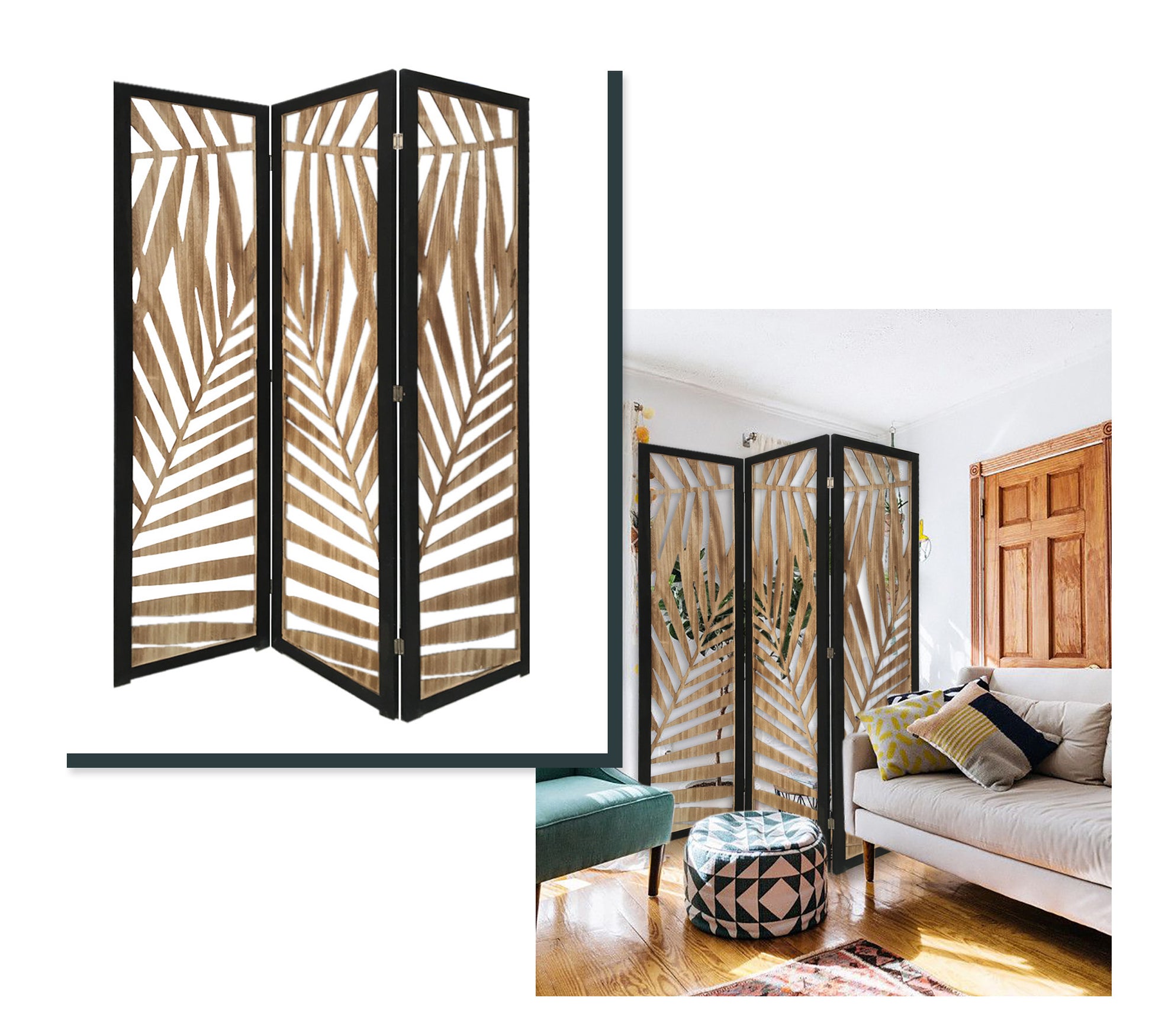 3 Panel Room Divider With Tropical Leaf Design-Room Dividers-DECOROLALA