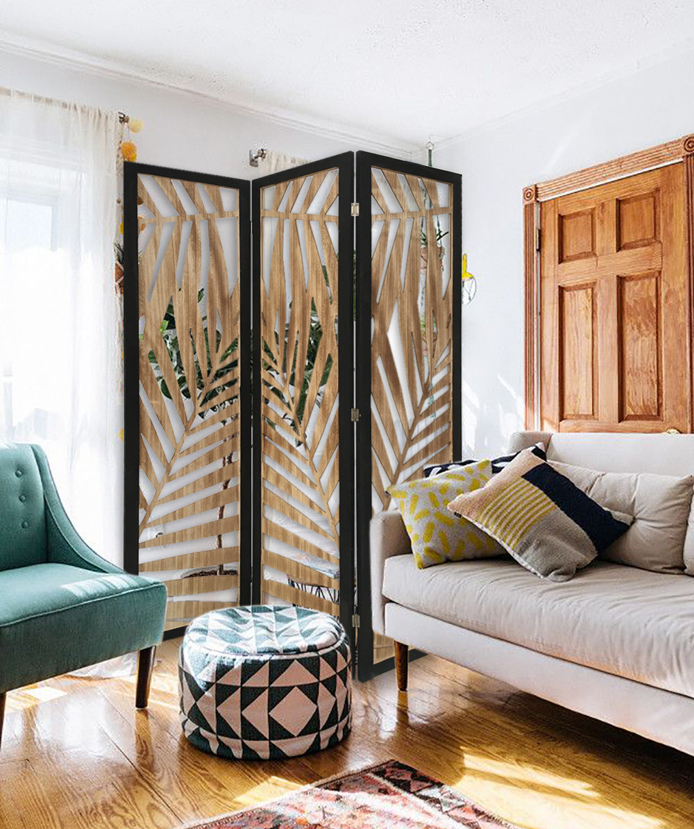3 Panel Room Divider With Tropical Leaf Design-Room Dividers-DECOROLALA