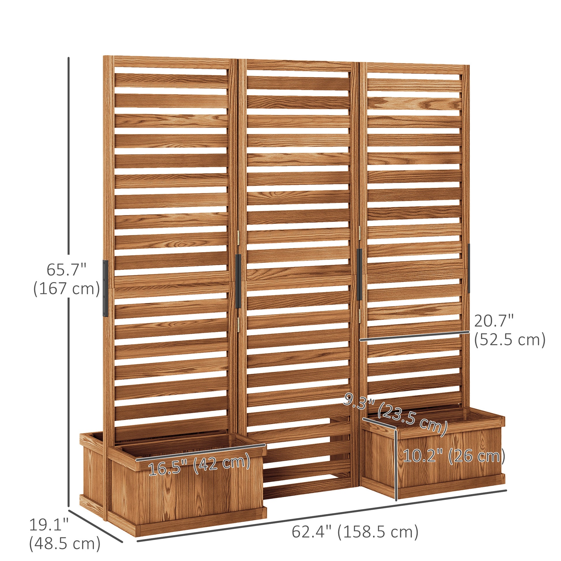 3-Panel Wood Outdoor Privacy Screen with 4 Planter Boxes-DECOROLALA