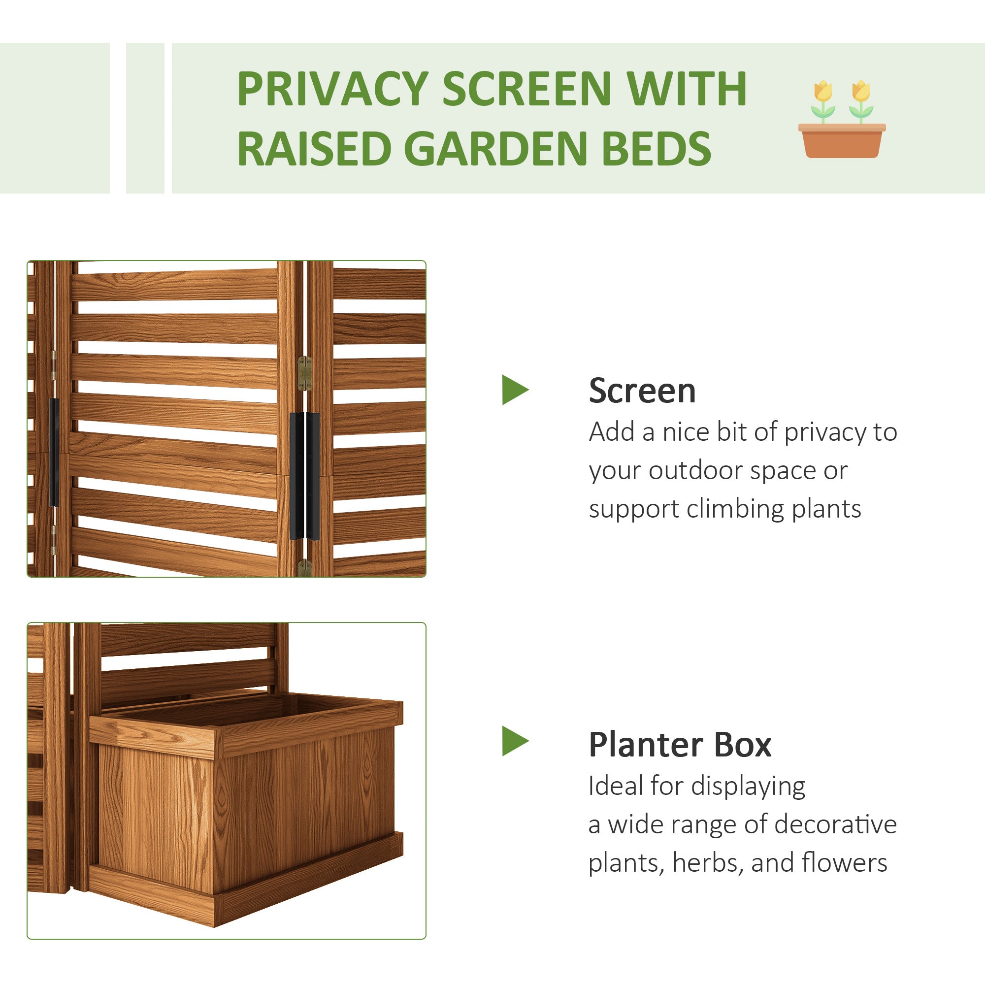 3-Panel Wood Outdoor Privacy Screen with 4 Planter Boxes-DECOROLALA