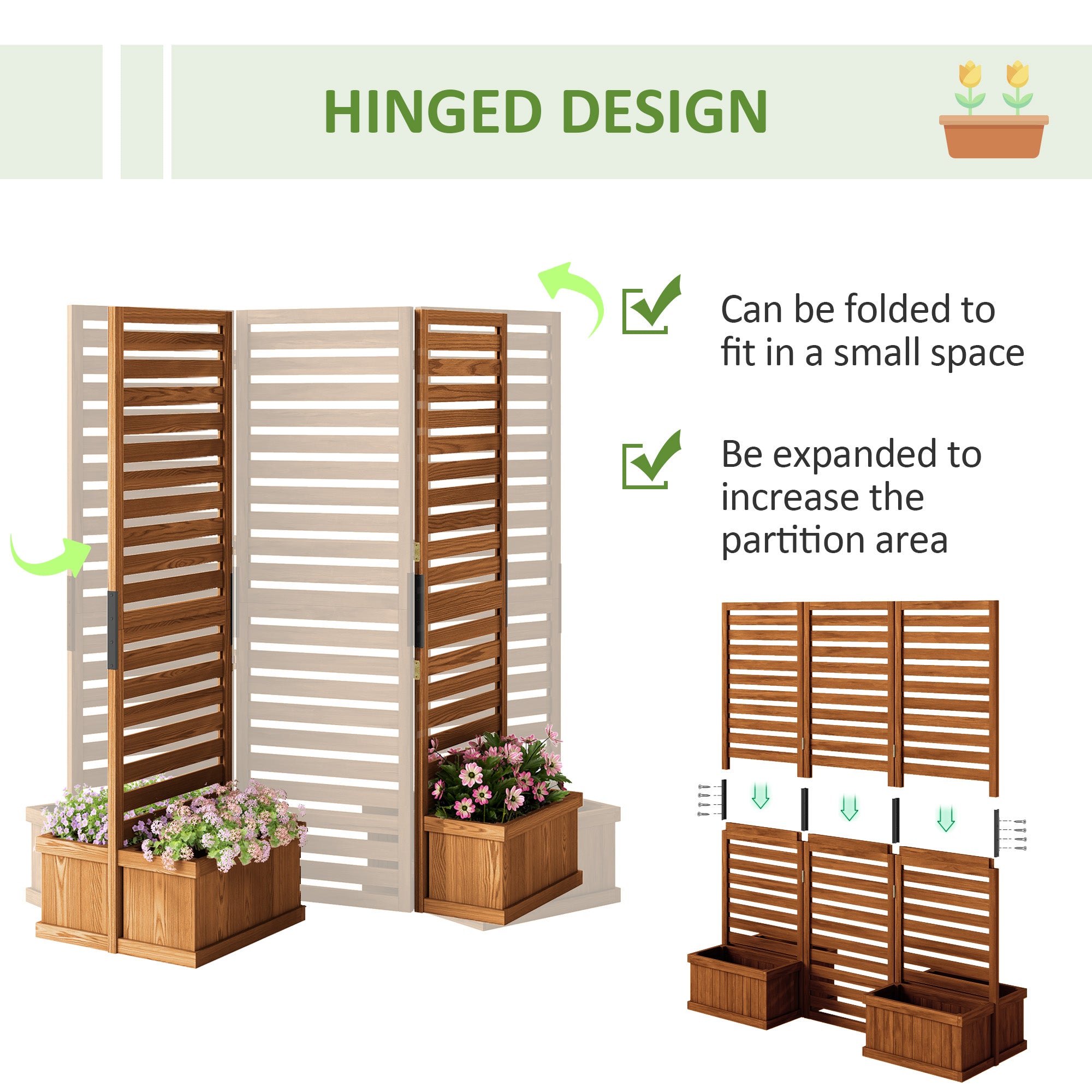 3-Panel Wood Outdoor Privacy Screen with 4 Planter Boxes-DECOROLALA